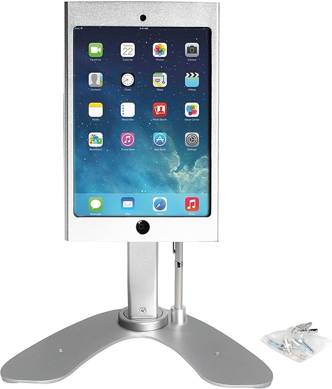 Dual Kiosk Stand- CTA Aluminum Stand with Locking Case and Cable. 360-Degree Rotating Base. Enclosure Designed for iPad mini Generations 1-5 with Access to all Ports and Buttons, Silver (PAD-ASKM)