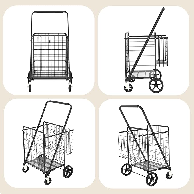 CHARMMA Large Shopping Cart with Brake,Grocery Cart on Wheels, Foldable Utility Shopping Carts with Double Basket and 360° Rolling Swivel Wheels for Groceries Laundry