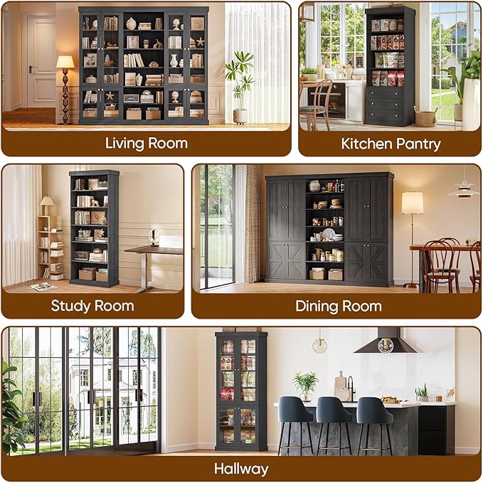 70.8" Bookshelf with Glass Doors, Farmhouse Modular Bookcase with 6-Tier Adjustable Shelves, Large Storage Cabinet for Living Room & Home Office, Set of 4, Black