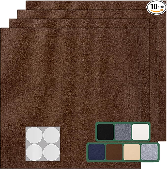 Carpet Tile 10 Pack 24” X 24” Self Adhesive Carpet Floor Tiles Anti-Slip Squares Peel and Stick Floor Tilel DIY Installation for Bedroom(Brown)
