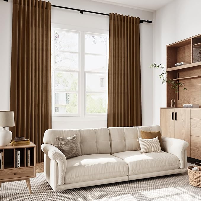 Nanspring Tobacco Brown Linen Curtains 63 Inches Long 2 Panels for Living Room Back Tab Pocket Light Filtering Translucent Modern Farmhouse Cotton Linen Curtain Texture 52X63 Inches