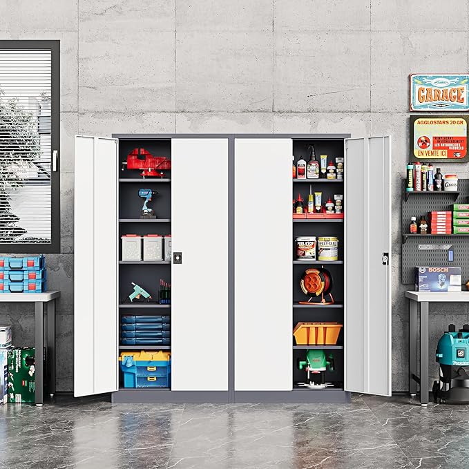 Metal Storage Cabinet-72” Tall Steel File Cabinets with Lockable Doors and Adjustable Shelves-White&Gray Steel Storage Cabinet for Home Kitchen, Office, Garage