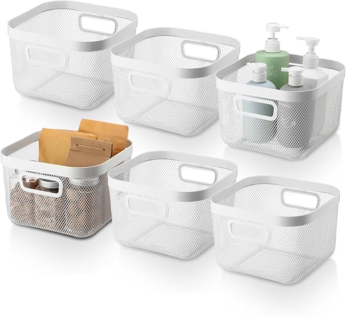 6 Pack Metal Mesh Basket with Hollow Handles White Wire Storage Bin for Organizing Stackable Metal Fine Mesh Basket for Pantry Bathroom Kitchen Cabinets Shelves