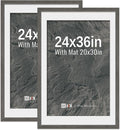 VCK 24x36 Poster Frame 2 Pack - Grey, High-End Wood Picture Frames with Polished Plexiglass, Display 20x30 Photo with Mat or 24x36 without Mat, Art Gallery-Quality, Wall Hanging, Grey