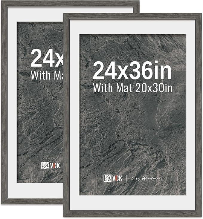 VCK 24x36 Poster Frame 2 Pack - Grey, High-End Wood Picture Frames with Polished Plexiglass, Display 20x30 Photo with Mat or 24x36 without Mat, Art Gallery-Quality, Wall Hanging, Grey