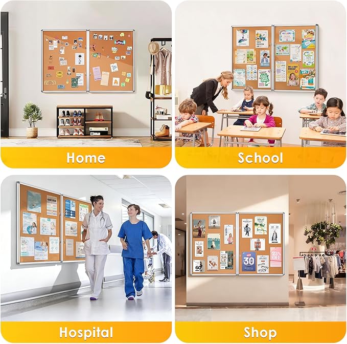 SWANCROWN Enclosed Bulletin Board 48x36 in, Tamperproof Lockable Cork Board Wall Display Case with 2 Locks for Office School Home, Aluminum Frame, Pack of 2