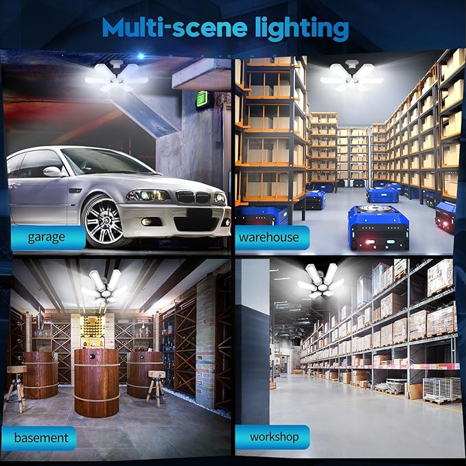 TANBABY Upgrade LED Garage Light, 150W Deformable Ceiling LED Shop Light, 15000LM E26/E27 Garage Lighting with 6+1 Adjustable Panels Bulb for Basement (1pack)