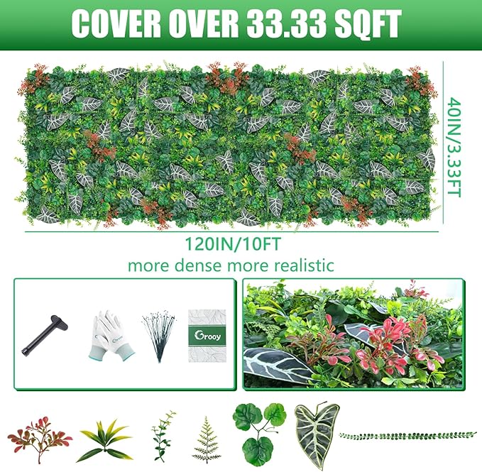 Grass Wall, Artificial Monstera Boxwood Panels 40"x120"(33.33 SQFT), Privacy Hedge Fence Screen with UV Protection, Greenery Backdrop for Indoor Home Wedding Decor and Outdoor Patio Backyard