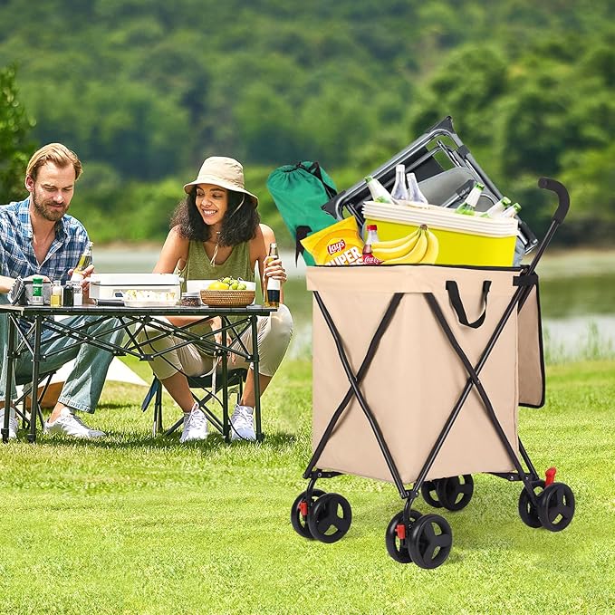 27 Gal/180 LBS Capacity Shopping Cart, Upgrade Huge Grocery Cart on Wheels,Heavy Duty Foldable Utility 360° Rolling Swivel Wheels for Shopping Picnic Groceries Laundry (Khaki)