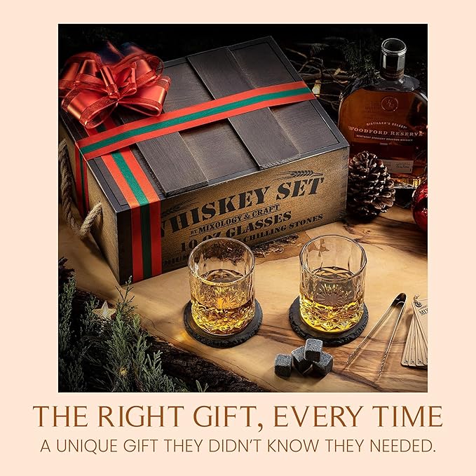 Mixology & Craft Whiskey Gift Set, Whiskey Glass Set with Rustic Wooden Crate, 8 Granite Whiskey Rocks Chilling Stones, 10oz Glasses, Raffle Gift for Men, Dad, Husband, Boyfriend - Jameson Dark Brown