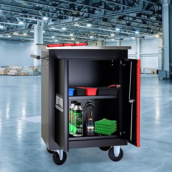 Double-Door Heavy-Duty Rolling Steel Tool Cart with Handle&Wheels, Metal Storage Organizer Cabinet, Tool Chest for Efficient Tool Storage in Garage, Warehouse, Workshop, Repair Shop, Black&RED
