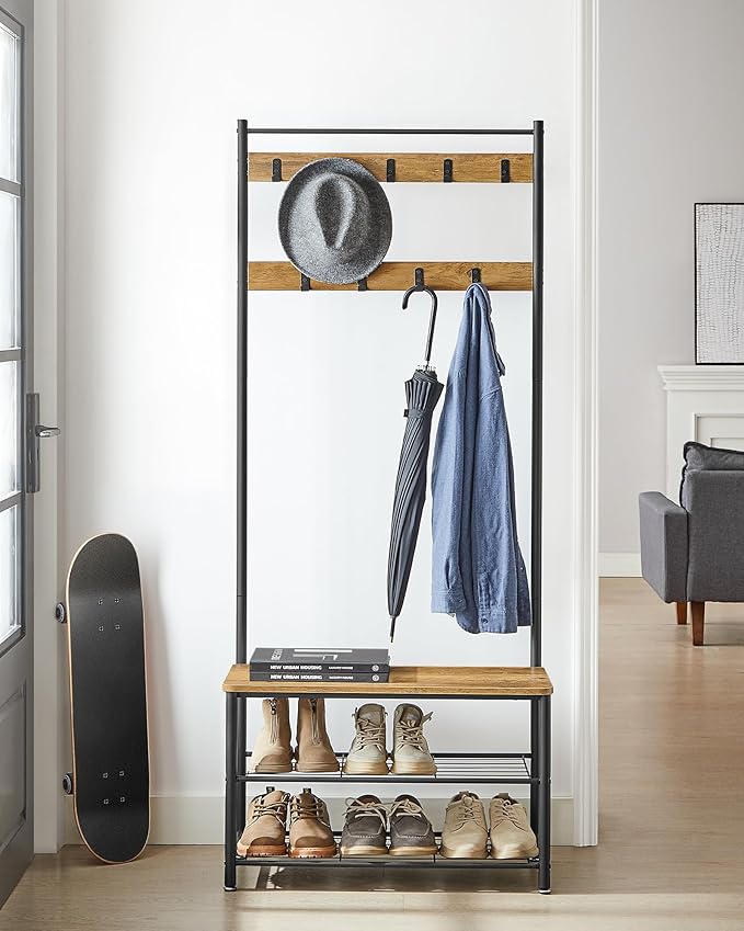 VASAGLE Coat Rack, Hall Tree with Shoe Storage Bench, Entryway Bench with Shoe Storage, 3-in-1, Steel Frame, for Entryway, 12.6 x 27.6 x 68.9 Inches, Industrial, Rustic Walnut and Black UHSR041B41