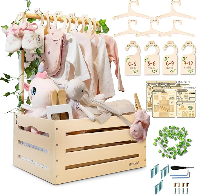 Wooden Baby Shower Crate Closet with Clothes Hangers & Dividers, Large Gift Basket for Boys & Girls, Wood Box Storage & Display with Handles & Ivy Garland, Welcome Gifts for New Parents