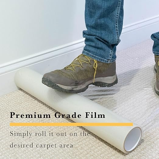 PAD 'N PROTECT Heavy Duty Temporary Carpet Protection Film. Easy Unwind, Strong with Self Adhesive Backing for Carpet and Stair Rug, 2.5 Mil., Clear, Reverse Wound. Paint & Waterproof (36" x 500')