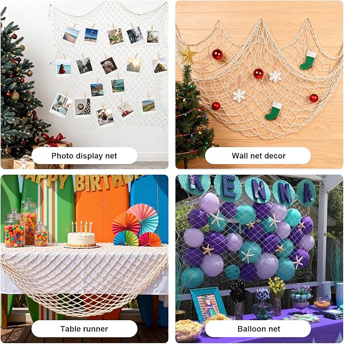 2 Pack Fish Net Decorations - 80x40 Inch Beige Fishing Net Decor for Under The Sea Hawaiian Beach Themed Party, 3mm Natural Cotton Versatile Nautical Netting for Wall Table Ceiling Halloween Decor