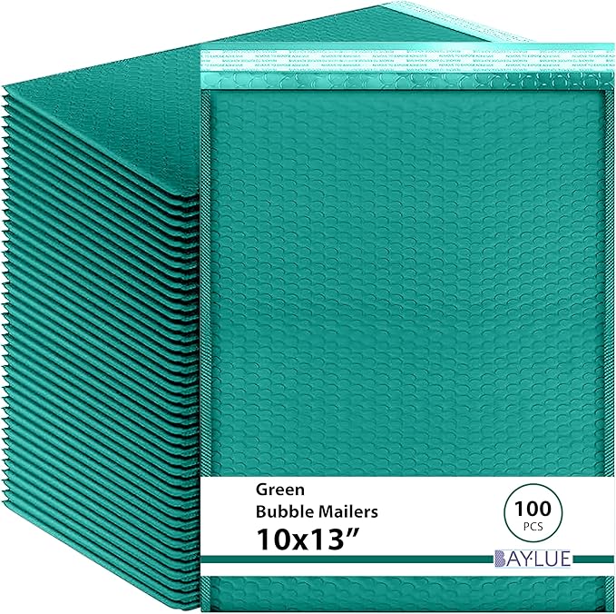 Green 10x13 Inch Poly Bubble Mailers |Self Seal Padded Envelopes for Thick books | Air Cushioned Bubble Mailer | Usable Size 9.5x13 Inch | Waterproof Lightweight Mailing Shipping Bags | 100 Pack Bulk