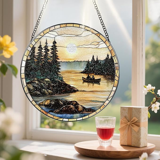 8-Inch Stained Glass Ornament, Stained Glass Window Hanging, Window Hanging Decor Suncatcher, Canoe Lake Sunset Ornament | Christmas, Mother’s Day, Birthday | Gifts for Nature Lovers, Mom & Friend