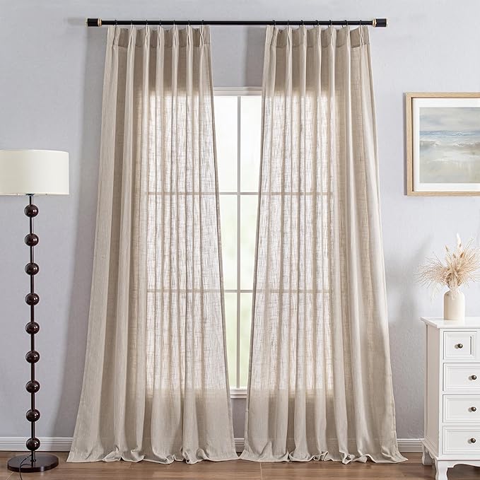 MYSKY HOME Curtains for Living Room Sliding Door, Semi Sheer Curtains 108 Inch Length for Bedroom Boho Linen Look Textured Fabric Soft Touch Light Filtering Pinch Pleated, 40W x 108L, Taupe, 2 Panels