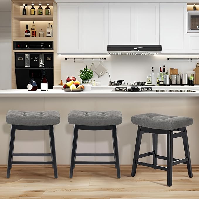 Counter Height Bar Stools Set of 3 for Kitchen Counter Farmhouse Modern Barstools with Faux Leather Upholstered Backless Seat and Solid Wood Legs 24 inch Bar Chairs, Grey + Black