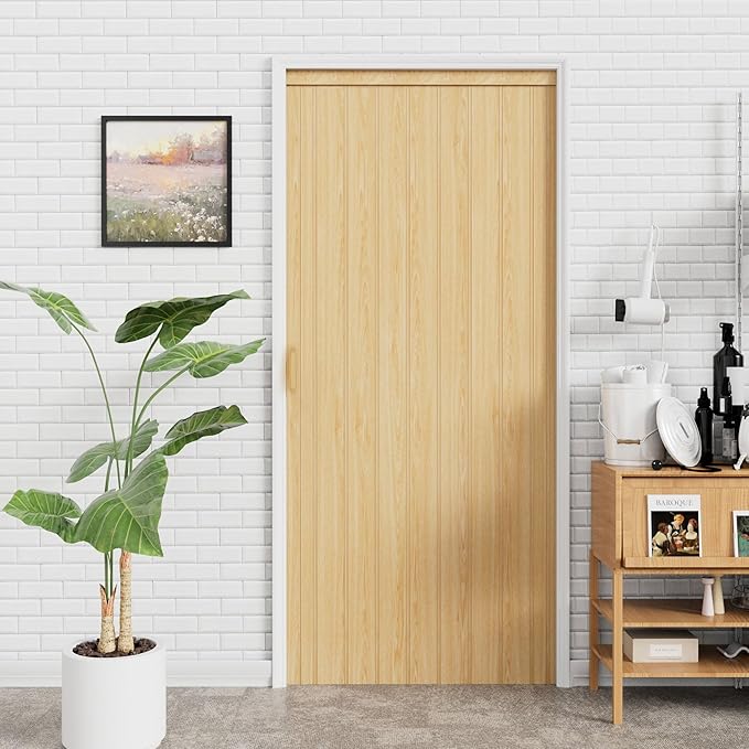 24"-36" x 80" Accordion Doors Interior - Vinyl PVC Bifold Accordion Closet Doors, Includes Door & Mounting Hardware, Handle, Temporary Folding Door for Doorway Pantry Laundry, Oak