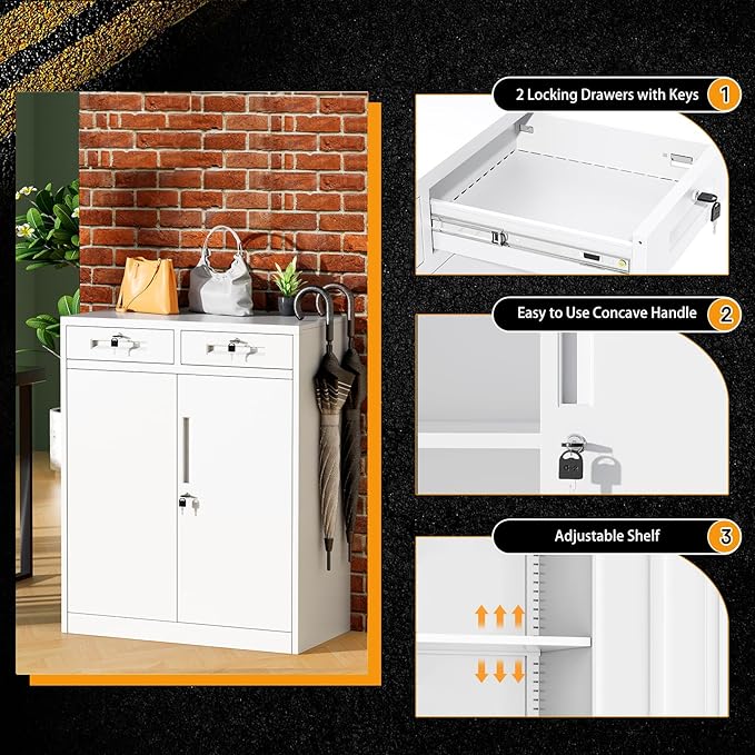 Greenvelly Metal Storage Cabinet with Drawers, 42” White Steel Garage Storage Cabinet with 2 Doors and Adjustable Shelves, Locking Office Storage Cabinets, Tool Metal File Cabinet for Office School