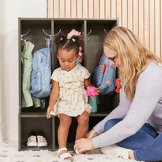 ECR4Kids Streamline 3-Section Toddler Coat Locker with Bench, Kids Furniture, Grey Wash