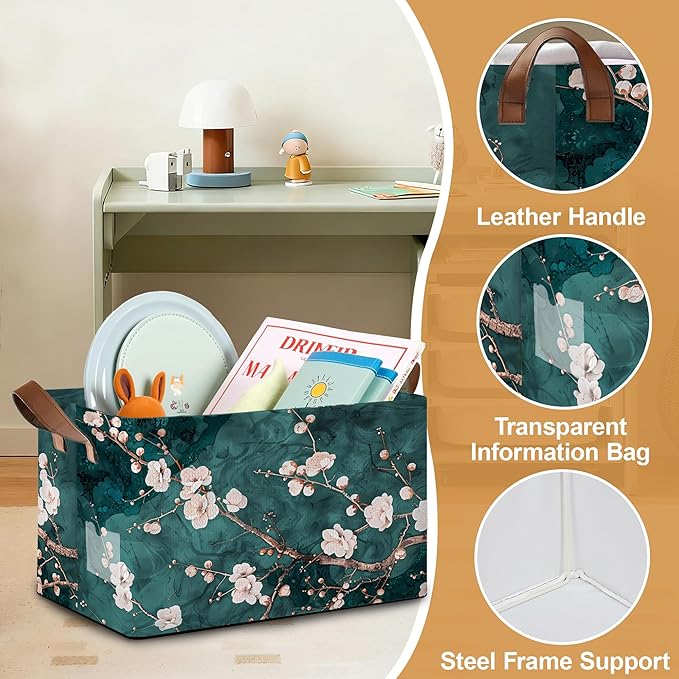 Plum Blossom Storage Bin with Handles, Basket Storage Organizer for Shelves, Closet, Nursery, Book, Laundry Hamper & Home Decor