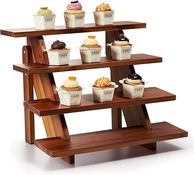 Acacia Wood Cupcake Display Stand - 4 Tiered Riser for Vendors Organizer - Wooden Cupcake Cookie Stands for Dessert Decorative Tables - Appetizer Serving Shelves Farmhouse at Party Wedding