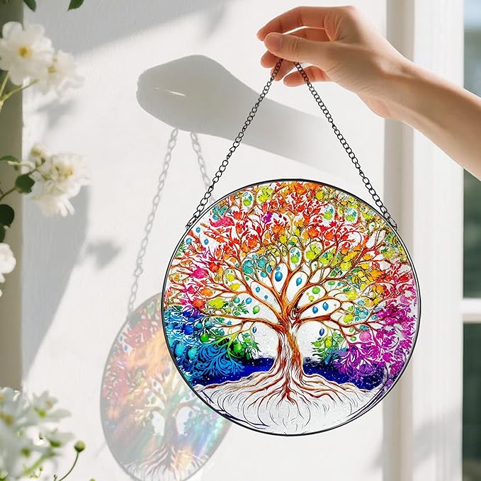 Stained Glass Window Hanging, Pauyadu Tree of Life Sun Catchers Indoor Window, Tree of Life Suncatcher Decor Gifts for Women, Mom, Grandma, Elder, Family and Friends- 8 Inch