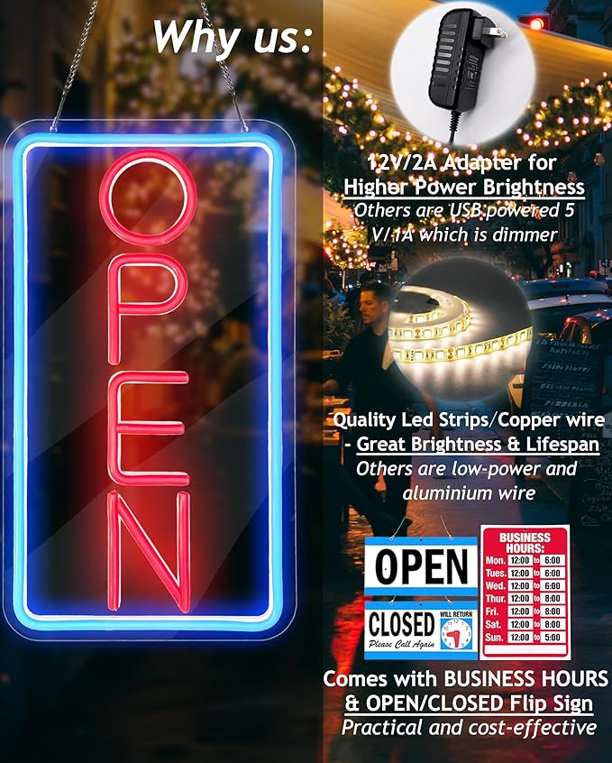 Open Signs for Business,Neon Open Sign Led,16.5"x 9",with Open/Closed Bussiness Hour Sign Set,Light for Bar Coffee Salon Store Window,12V/2A Adapter with ON/OFF Switch (Blue/Red Vertical)