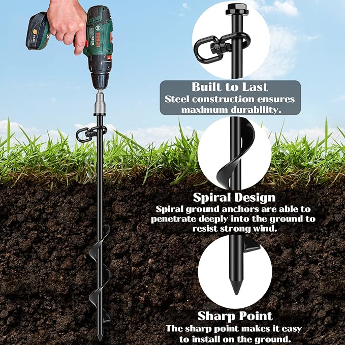 6 Pack Ground Anchor Heavy Duty Earth Anchors with T Handle Hex Wrench & Power Nut Driver, Metal Stakes Ground Anchors Screw in for Swing, Trampoline, Tents, Securing Animals