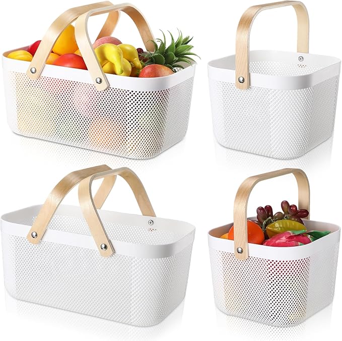 Sadnyy 4 Pcs Plastic Mesh Garden Harvest Basket Storage Basket with Wooden Handle Multi Functional Mesh Bin for Kitchen Cabinet Picnic Fruit Vegetable Gathering Organizer(Large, Small,White)