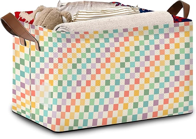 Collapsible Storage Bin - Foldable Fabric Organizer Basket with Handles for Home, Closet, Toy Room - Colorful Checkered Pattern (17x11.5x10.5 Inches) - Single Pack