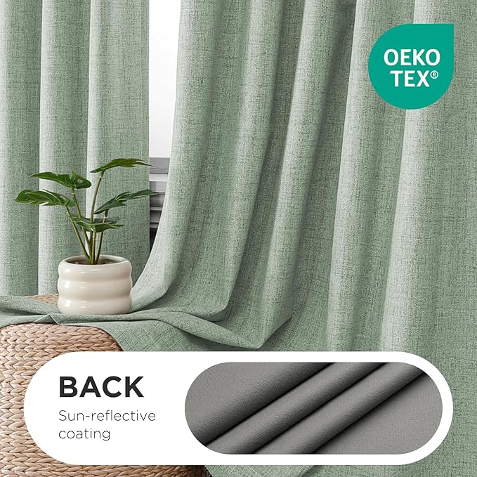 Joydeco Pinch Pleated Curtains - 100% Blackout for Bedroom, Sage Green Linen Curtains 40" W x 63" L, Thermal Insulated 2 Panels Light Blocking Drapes, Back Tabs for Living Room