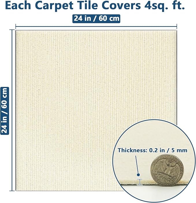 Carpet Tiles Peel and Stick 24” x 24”, Self Adhesive Soft Padded Flooring Stickers, Off-White Home Decor for Bedroom Living Room Office, 10 Tiles & 40 sq ft per Box