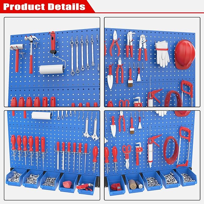 Ultrawall Pegboard Wall Organizer, Blue Metal Peg Board Panels, Garage Storage System with Hooks and Storage Bins, 59pcs
