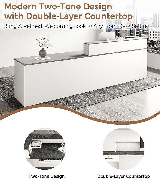Modern L-Shaped Reception Desk with Counter – 63" Front Desk Reception Room Table with Lockable Drawer & Keyboard Tray for Office, Salon, Lobby, Checkout (White + Gray, Left)