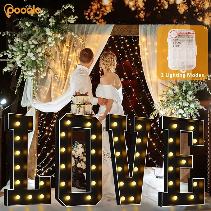 Pooqla 4 FT Marquee Light Up Letters, Black Marquee Letter Lights 4 Feet Tall for Birthday Decoration, Big Mosaic Letters Sign for Balloons Party Anniversary Wedding Decorations, Giant Warm White O
