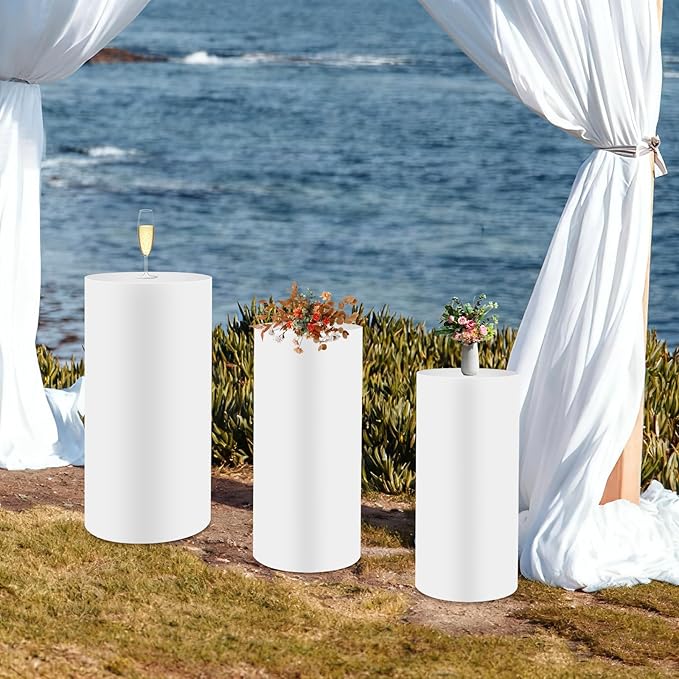 Eapmic Pedestal Stands for Party, Cake Pedestal Stand, Dessert Table Display Plinth Pillars, Sculpture Display Column Decoration Cube for Wedding Birthday (White, Cylinder-3Pcs(27.56"+26"+23.62"))