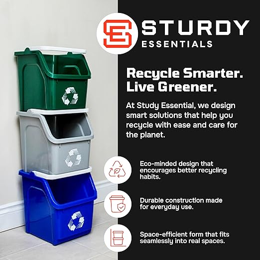 Multi Recycling Bin System with Three Stacking 6 Gallon Bins with Carrying Handles, Stackable and Compact for Offices, Homes, Garages, Businesses - (Grey, 6 Pack)