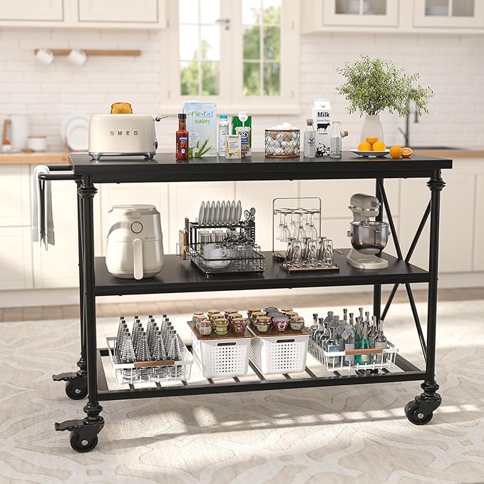 Homieasy Kitchen Island Cart with Wheels, 3-Tier Wood and Metal Rolling Kitchen Island Table with Pipe Legs, Storage Shelves & Lockable Casters for Kitchen Dining Room, Black