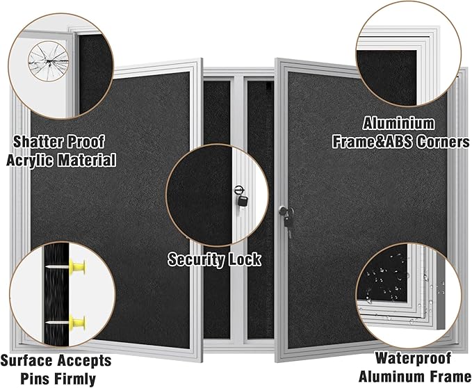 Mifuro 48"x30" Enclosed Bulletin Board, Outdoor Lockable Weather-Resistant Aluminum Cork Noticeboard for School & Office, Silver Frame w/Black Flet