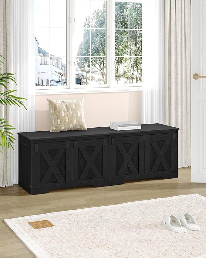 59" Storage Chest, Large Storage Trunk with 2 Hinges, Farmhouse Wooden Box Bench, Lift-Top Organizer Chest, Entryway Trunk for Bedroom, Living Room, Black SB15004X