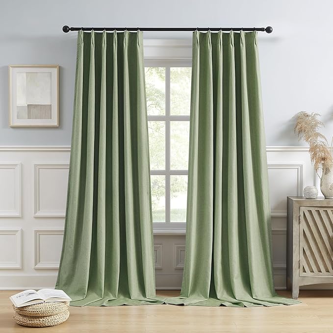 DUALIFE Sage Green Pinch Pleated Blackout Curtains 40 x 102 Inches Long, Back Tab Drapes for Living Room Bedroom Thermal Insulated Full Blackout Draperies with Hooks