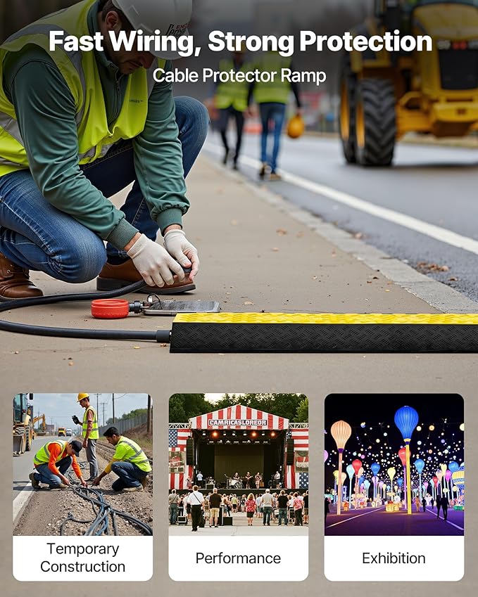 VEVOR Rubber Cable Protector Ramp, 2 Channel Heavy Duty Rubber Cord Hose Wire Cover, 4'' W x 3'' H Large Channel Size, Driveway Traffic Speed Bump with Flip-Open Top Cover, for Indoor Outdoor Use