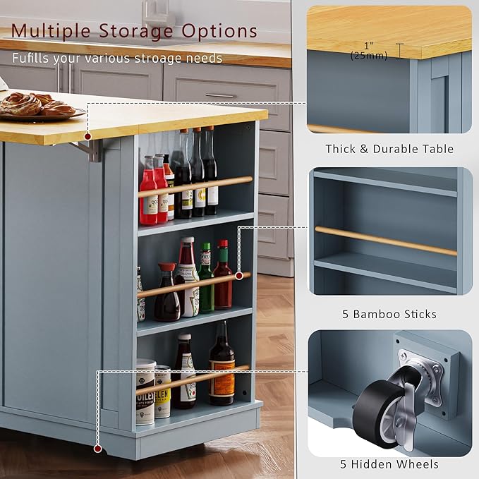 Yayzy Rolling Kitchen Island with 2 Bar Stools, Drop Leaf & Power Outlet, Large Kitchen Islands Cart on Wheels, Movable Kitchen Island with 5 Open Shelves & Towel Rack for Dining Room, 53″, Grey Blue