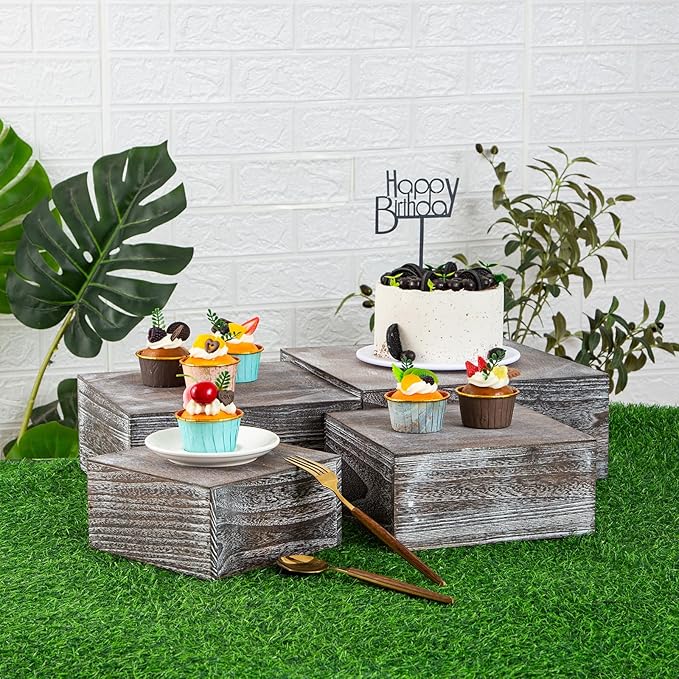 Vintage Brown Square Wooden Cake Stands For Display,Set Of 4 Wood Cupcake Stands Risers, 12 Inches Rustic Wood Crates For Wedding Cake Display,Square Wooden Display Risers For Home Decor . (Vintage Black)