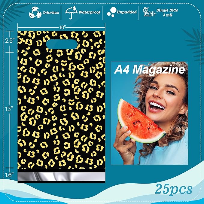 JinRuiKJ Poly Mailers with Handle 10x13 Inch 25 Pcs, Easy to Carry Packaging Bags for Small Business, Thank You Shipping Bags with Self Adhesive Strip, Tearproof and Waterproof - Gold leopard
