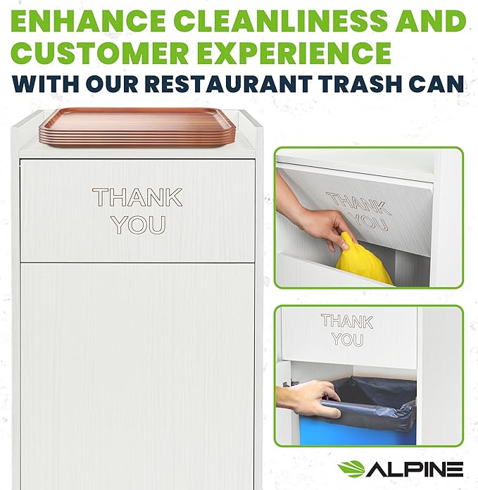 Alpine Restaurant Trash Can Cabinet - Commercial Trash Can 40 Gallon, Garbage Receptacle Indoor with Tray Holder for Restaurants, Cafeterias (White)