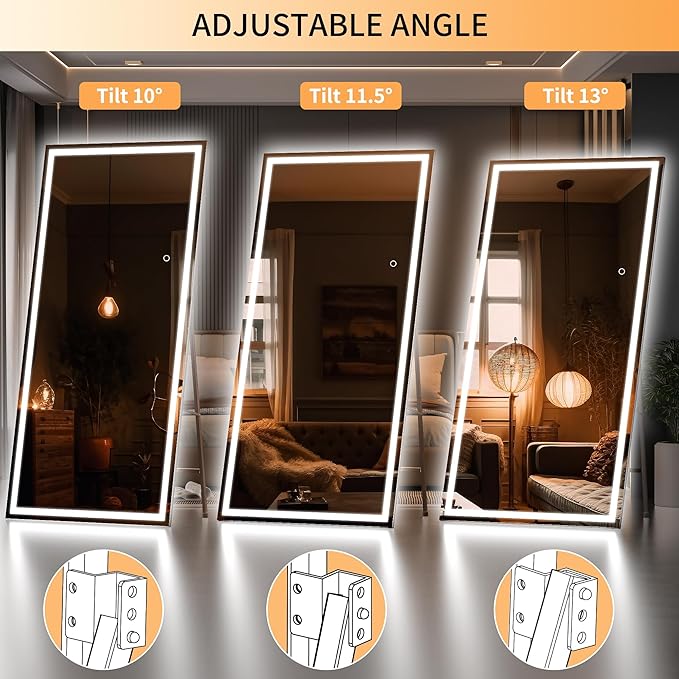 Hasipu Full Length Mirror with Lights, 79" x 32" LED Lighted Floor Standing Mirror, Full Body Dressing Hanging Mounted Mirrors, Dimmable, Tempered Glass, Safe to Use, Square Black